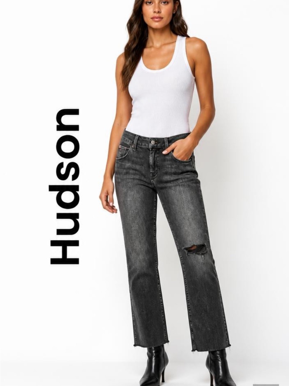Hudson Womens Collin Midrise Bootcut Cropped Raw Hem Black Jean Sz 27 Distressed